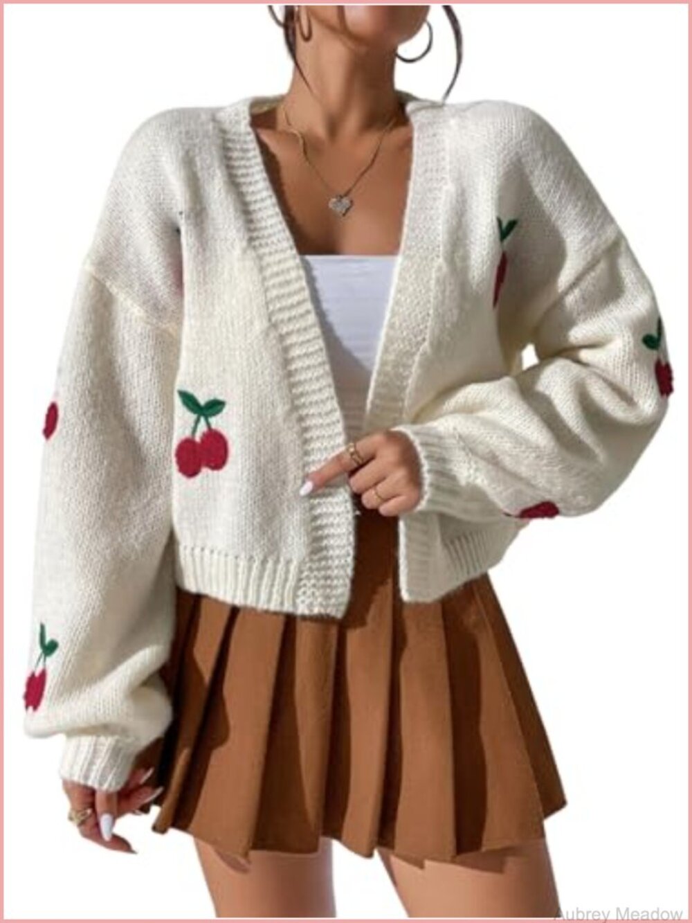 Cherry Cropped Chunky Knit Cardigan Loose Fit Open Front Sweater